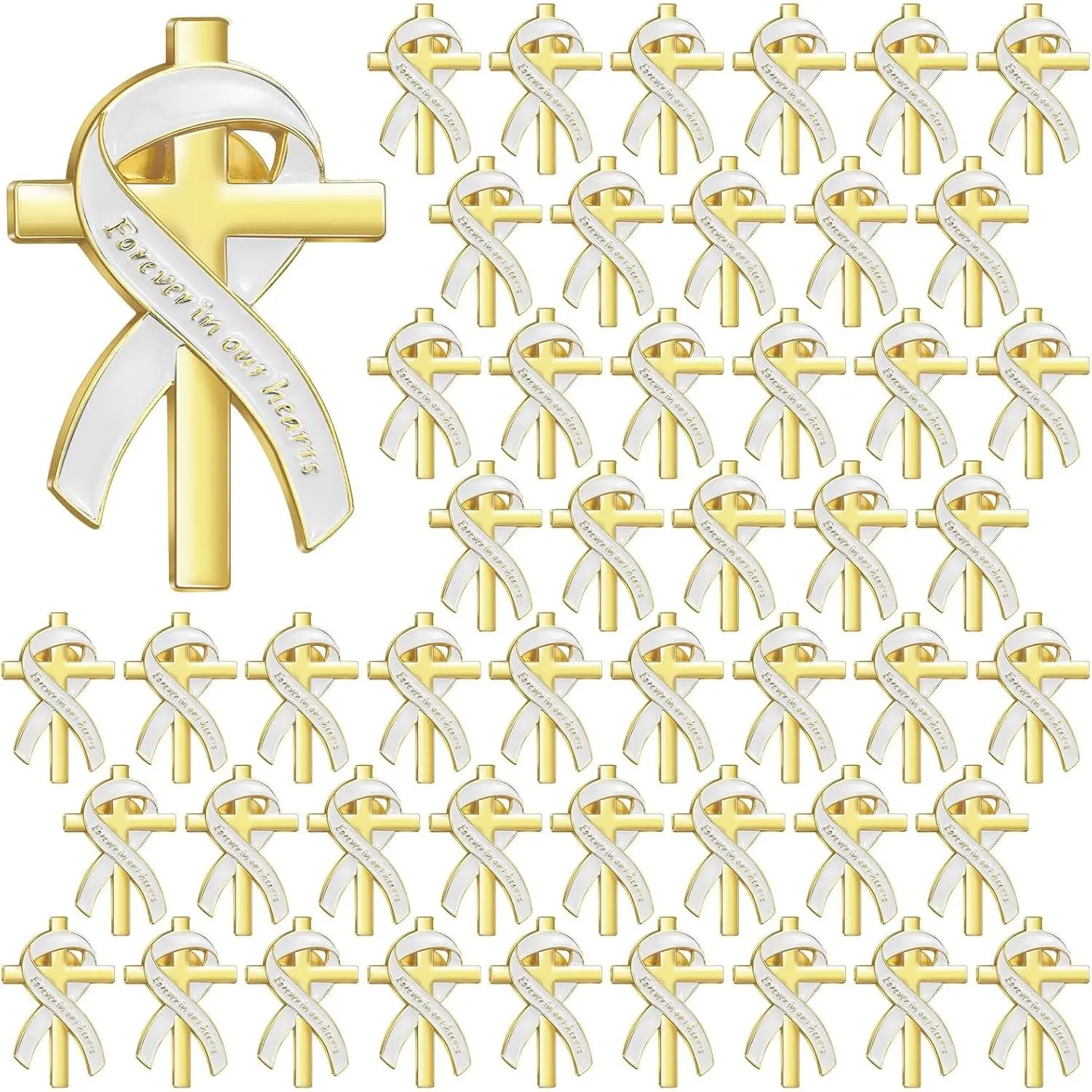 Misdary Funeral Favors for Guests Funeral Memorial Pin Cross Ribbons Forever in Our Hearts Lapel Brooch Pin for Religious Christian Celebration of Life Mourning Remembrance Day