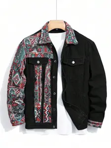 Men's Ethnic Pattern Embroidery Denim Jacket, Loose Casual Long Sleeve Button Front Outerwear for Spring & Fall, Fashion Men's Clothes for Daily Wear