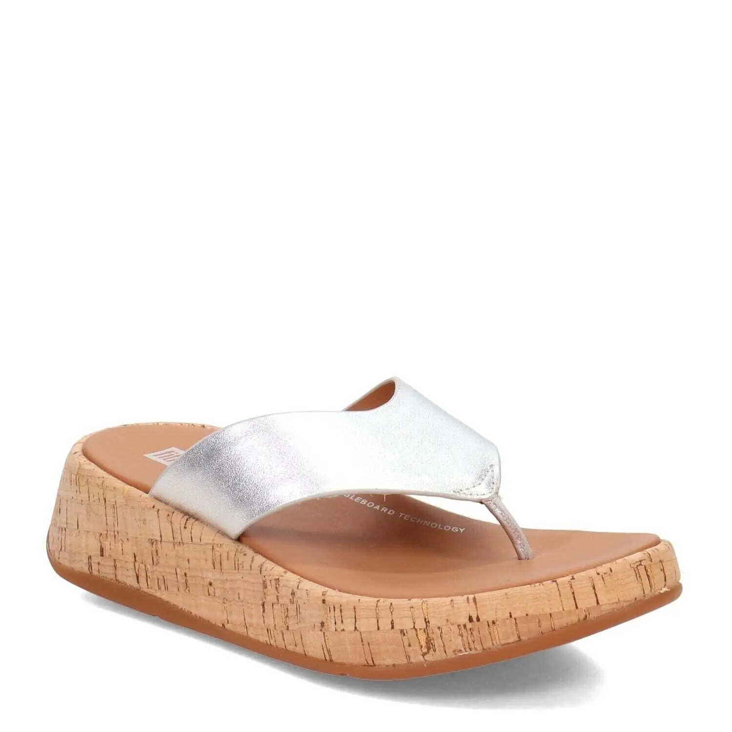 FitFlop F Mode Cork Flatform Toe Post Slide in Silver Leather | Women's