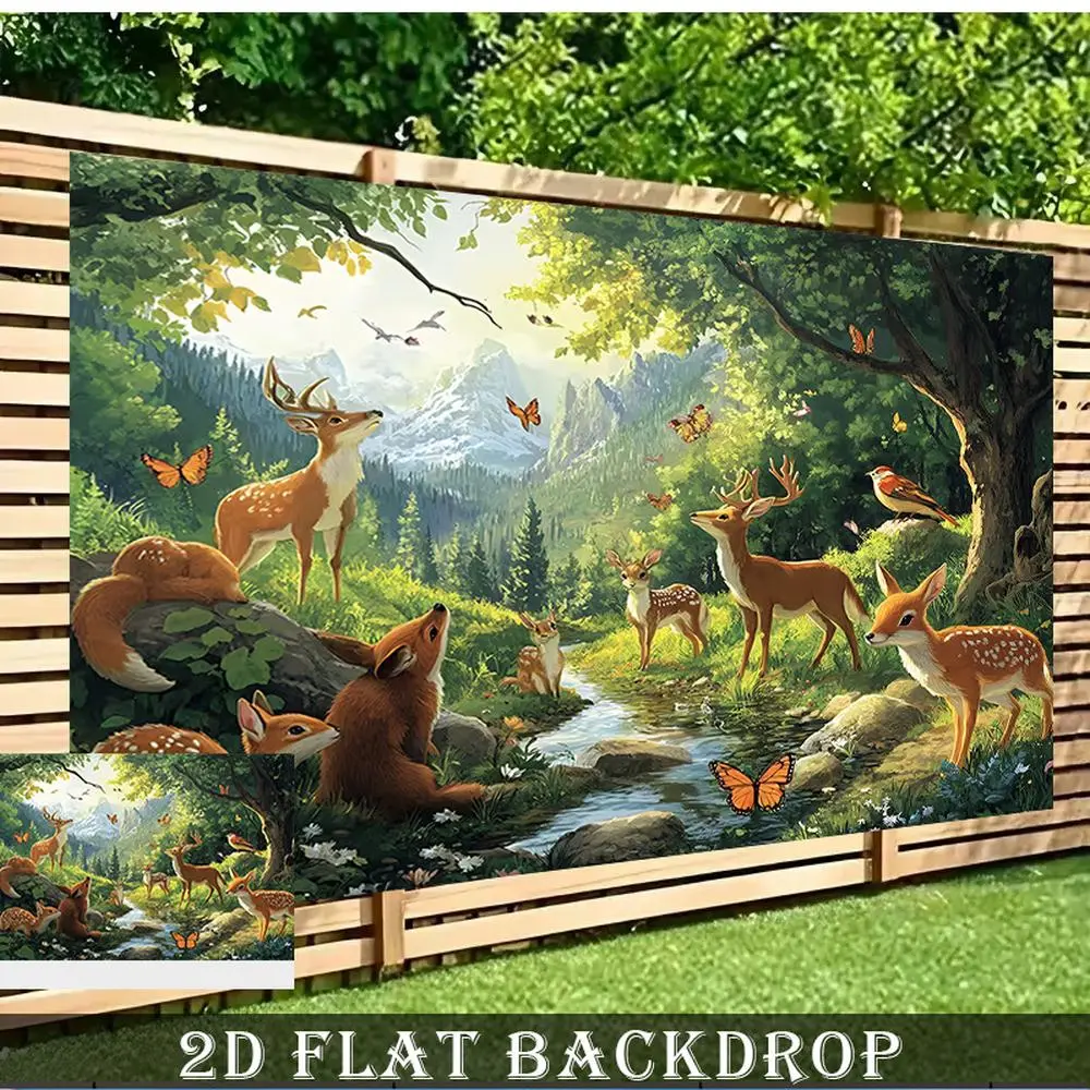 1PC Reusable Polyester Print 2D Flat Backdrop, Forest Animal Theme with Fox, Deer, Butterflies & Stream Design, Waterproof-Sunproof, Ideal for Party, Indoor & Outdoor Parties, New Year Courtyard Garden Fence Decoration