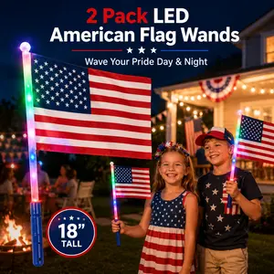 2 Pack LED American Flag Wands, Light Up Handheld Patriotic Flags with Red White Blue Glow, 18 Inch Flag Sticks for 4th of July, Parades, Parties, Memorial Day & Veterans Day