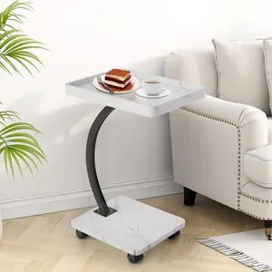 C-Shaped Bed Side Table with Wheels - 360° Rotating Sofa End Table with 2-Layer Storage, Adjustable Height TV Tray/Sofa Table/Coffee Table/Night Stand, 50LBS Capacity for Living Room/Bedroom Small Spaces