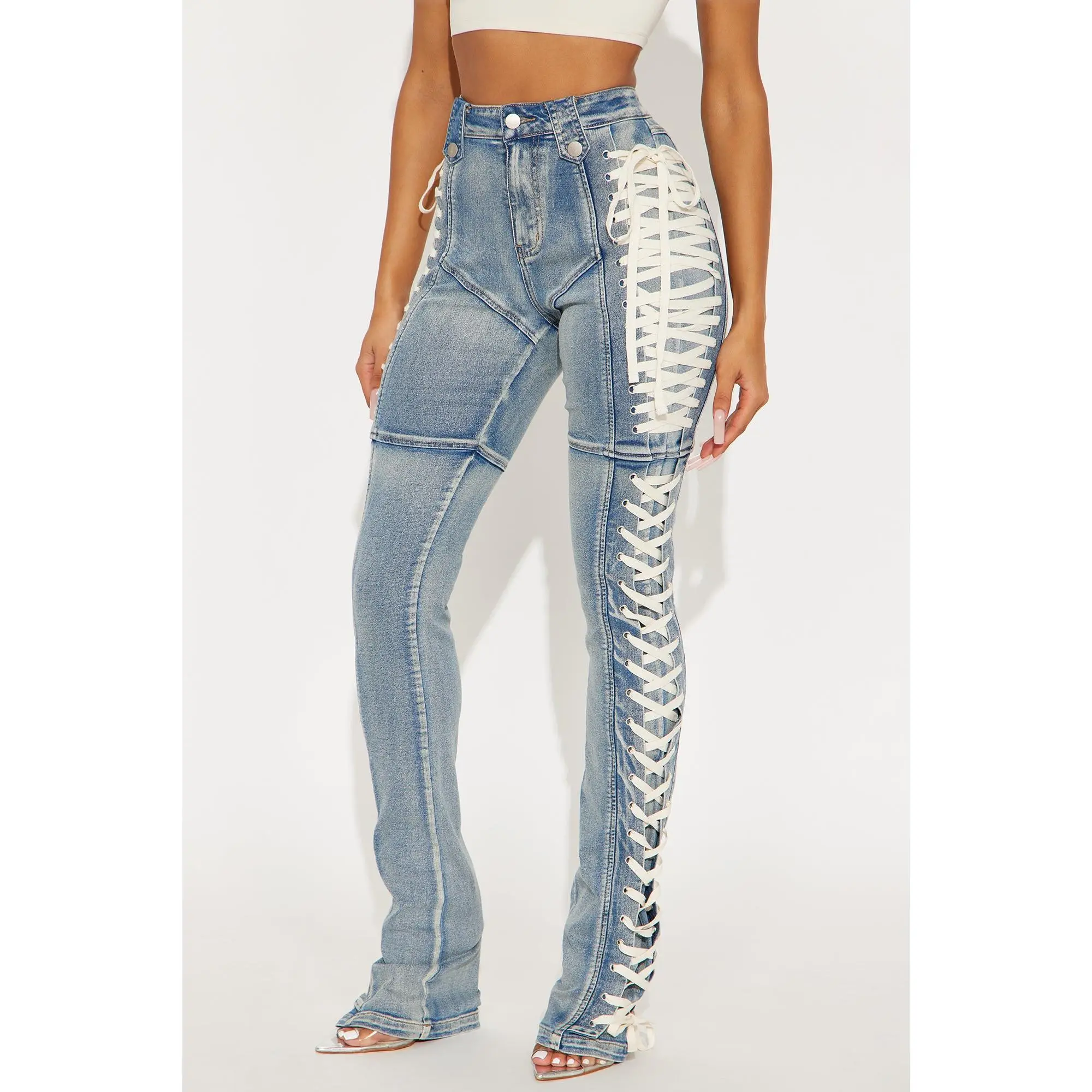 Tall Bootcut Jeans - Stretch, Lace-Up, Jaw Dropper Design, Medium Wash, Polyester-Spandex-Cotton-Rayon Sports & Outdoor Bottoms, High Rise