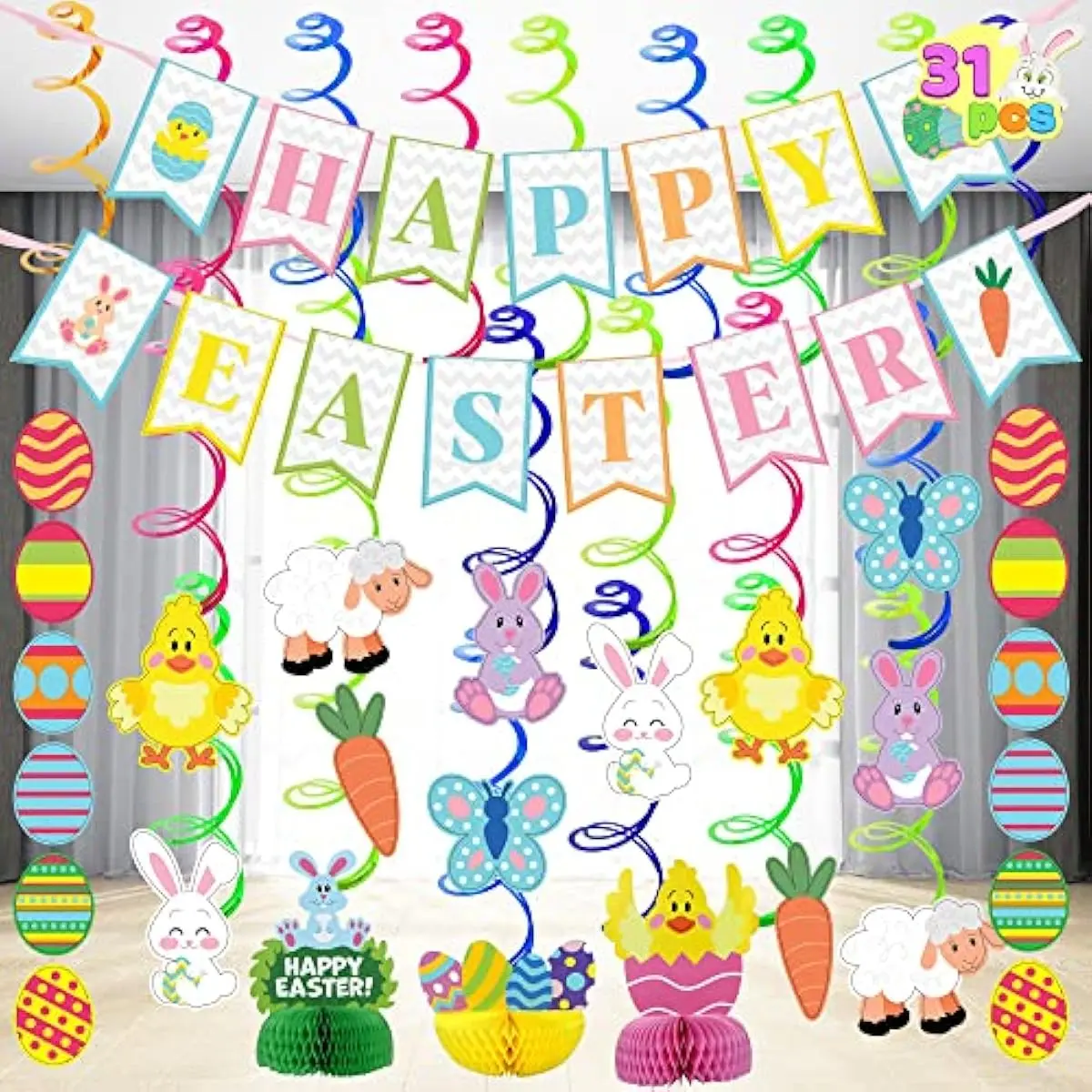 31 PCS Easter Decorations Spring Decor Egg Bunny Foil Swirl Party Hanging Decoration Huge Value Kit for Easter Home Themed Party