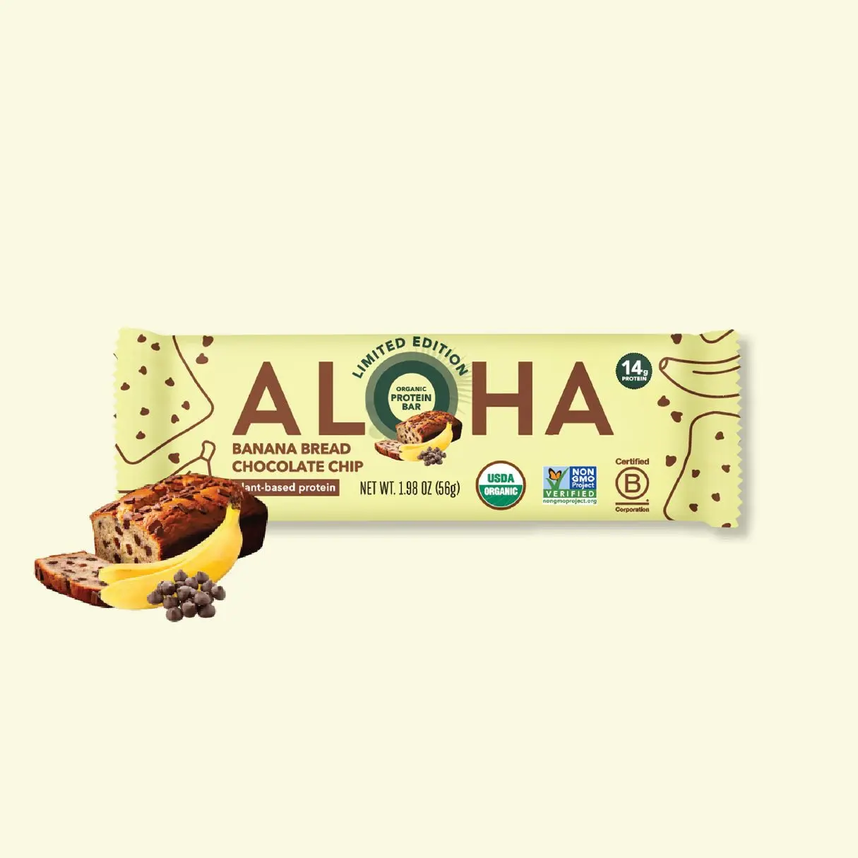 ALOHA Banana Bread Chocolate Chip Protein Bar | 12 Bars | 14g Plant Protein, 5g Sugar | Certified USDA Organic, Vegan, Gluten-Free | Banana + Chocolate Chips