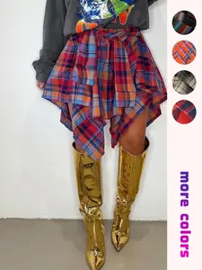 【Plus Size】 Plaid Print Asymmetrical Hem Skirt, Casual Knee Length Skirt for Fall & Winter, Women's Bottoms for Daily Wear