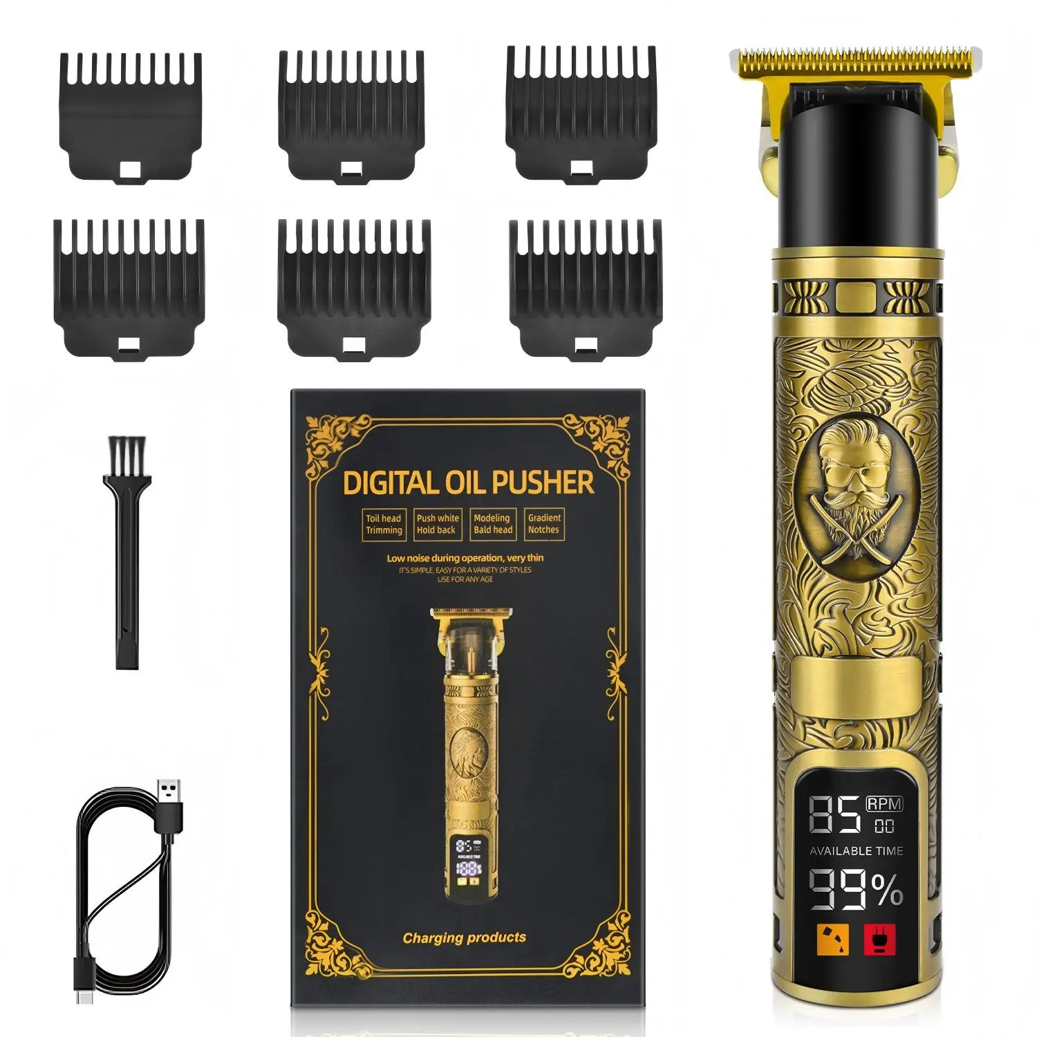 Professional Vintage Engraving Digital Beard Trimmers Kit, Beard Cutting Kit, Beard Clipper, 1 Box Beard Shaver with 6 Counts Limit Combs & Brush, Hair Trimmer for Salon & Home Use, New Year & Winter Gift, Christmas Gift, Stocking Fillers