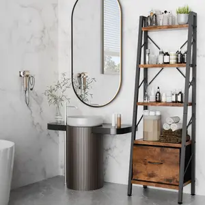 Walsunny 5-Tier Ladder Shelf, Ladder Bookshelf/Plant Stand Shelf with Removable Drawer, Rustic Bookcase Storage Rack Organizer, Wood Metal Freestanding Storage Shelf for Living Room, Home Office, Bedroom, Balcony, Home Decor