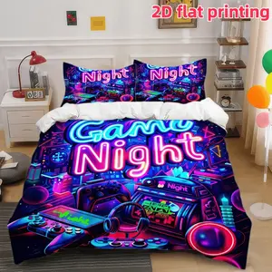 2D Flat 3Pcs Game Night Duvet Cover, Neon Cyberpunk Gaming Bedding, Cool Gamer Room Decor, Fun Aesthetic Bedroom Design, Soft Microfiber Comforter with 2 Pillowcases, Unfilled for Adults Teens Gift.