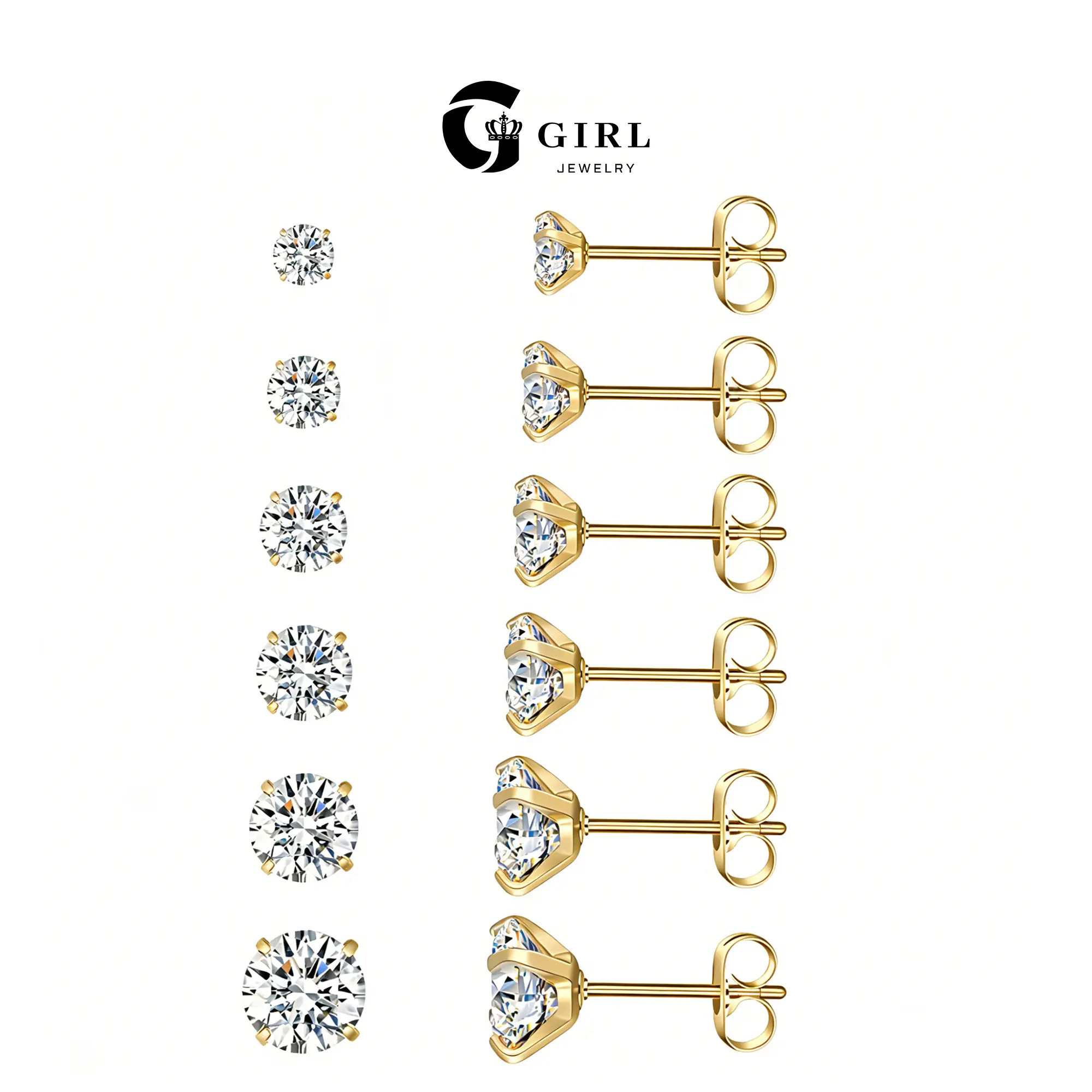 6 Pairs Stud Cubic Zirconia Earrings Set（ 3-8mm）, Stainless Steel Hypoallergenic Cubic Zirconia Earrings   Chic Gorgeous Jewelry As Gift for Girlfriend, Elegant Minimalist Earrings