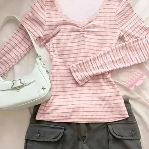 Women's Fashion Elegant Cute Casual Fitted Streetwear Street Style Striped Lace Trim Long Sleeve T-Shirt, Slim-Fitting Feminine Top, Spring & Fall Women's Clothing