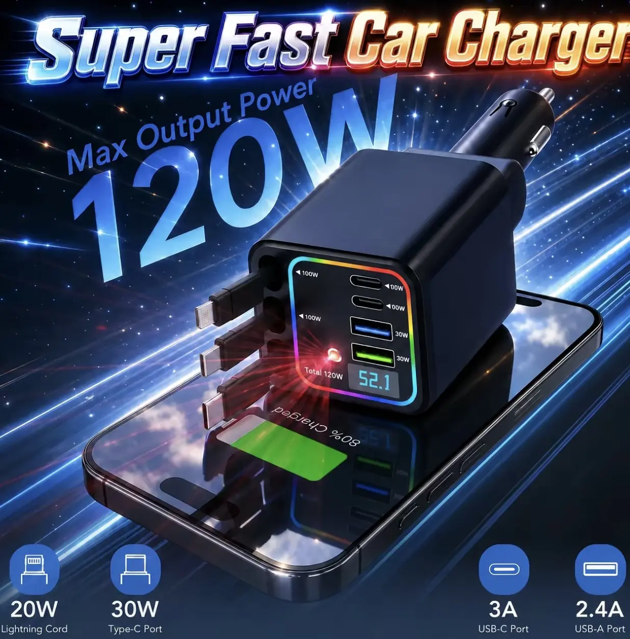 7-in-1 Retractable 120W Car Charger with Starry Sky Ambient LightAutomobiles and motorcycles / vehicle-mounted electronic equipment / electronic accessoriesAccessories Automotive Dual USB built-in starlight projector usb-c cable high-speed c adapter radio