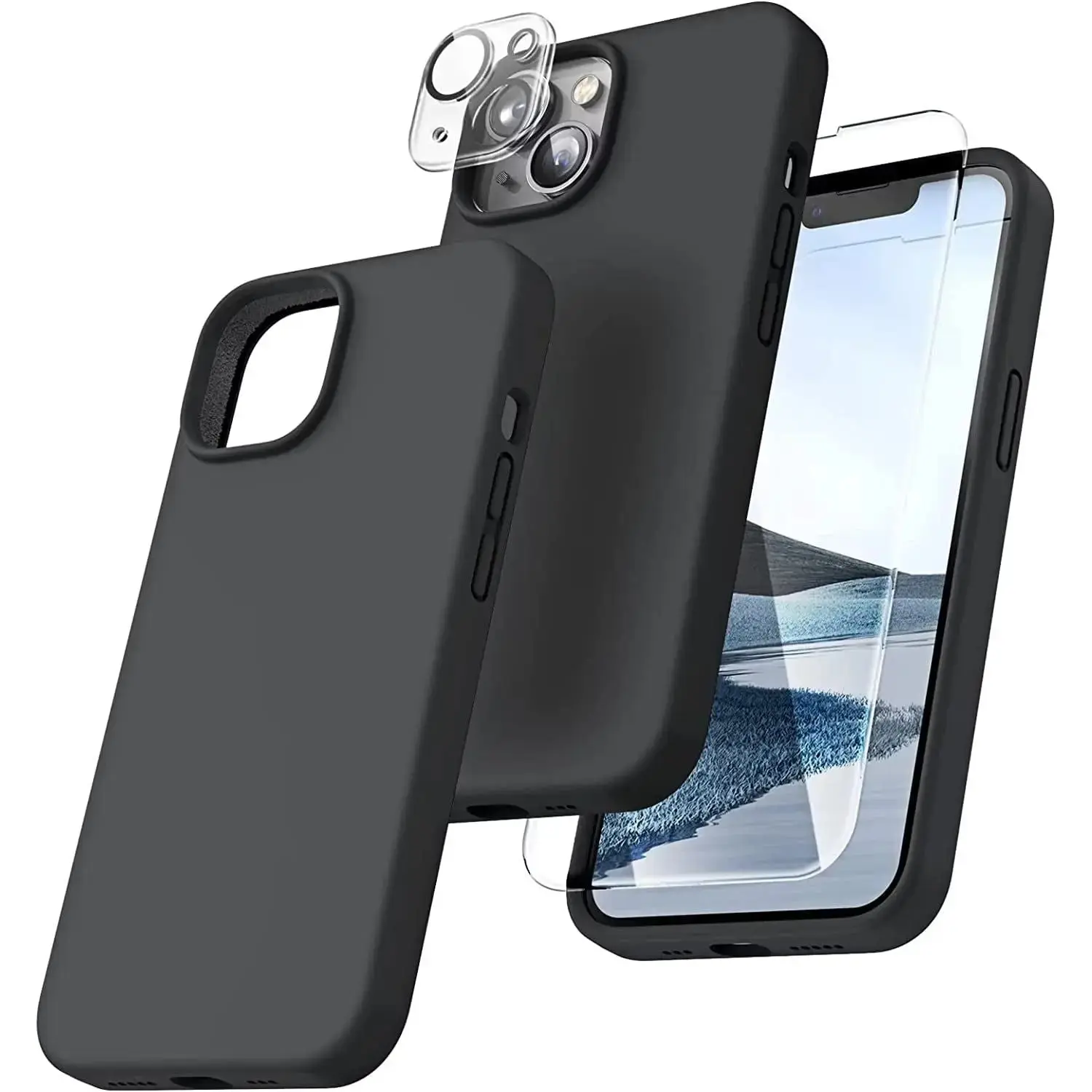 Entronix Silicone Case for iPhone 13 - 3 in 1 Bundle Case with Clear Tempered Glass & Camera Lens Shockproof Case Protector, Protective Cover