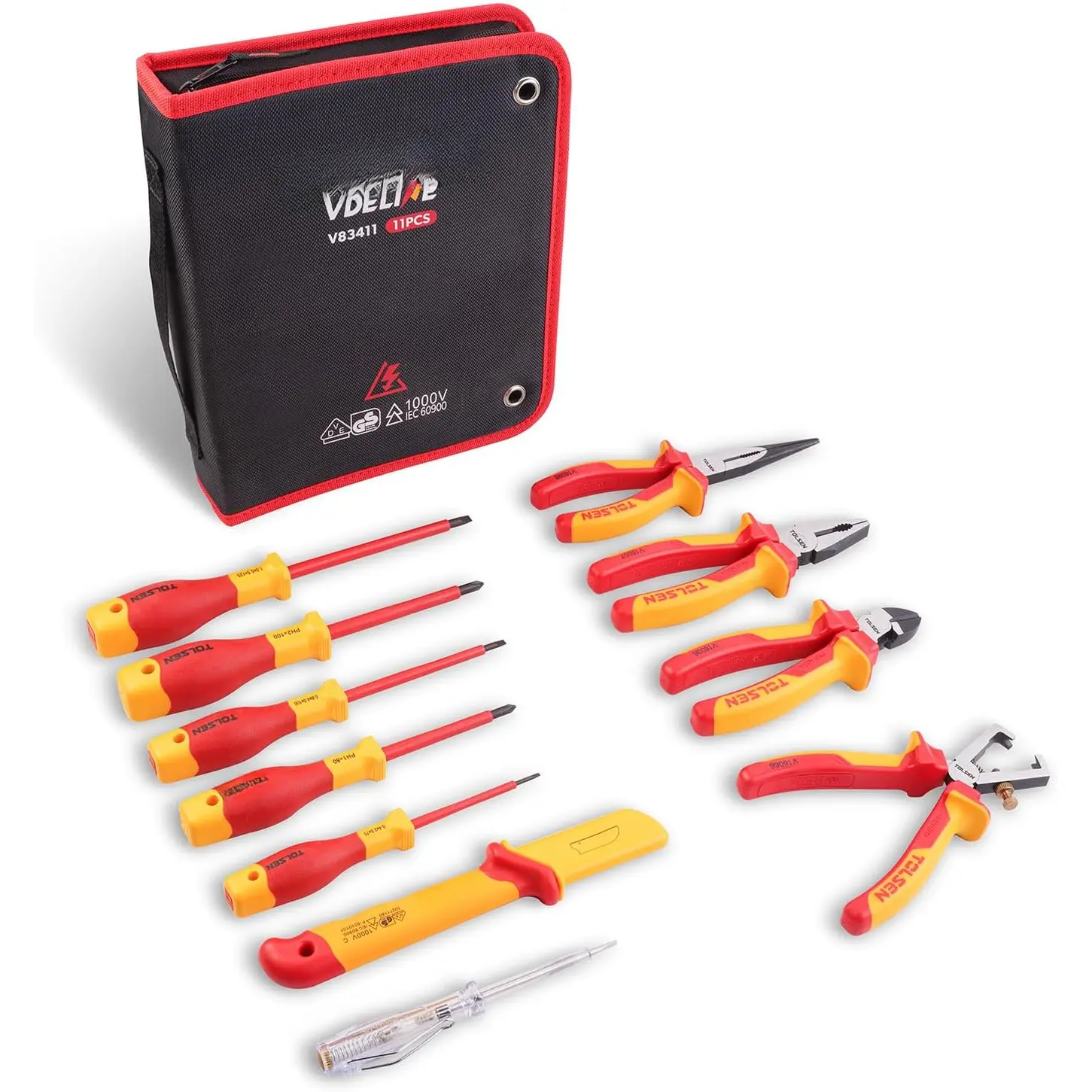 11- VDE Insulated Set, 1000V Insulated Electrician Tool Set, with Insulated Phillips and Slotted Screwdrivers, Insulated Pliers, and Wire Stripper