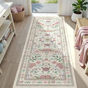 Retro Floral Long Hallway Carpet, Fashion Luxury Bedroom Bedside Decor Vintage Runner Rug, Non-Slip Washable Easy Clean Mat for Living Room, Sofa, Kitchen, Boho Runner Rug