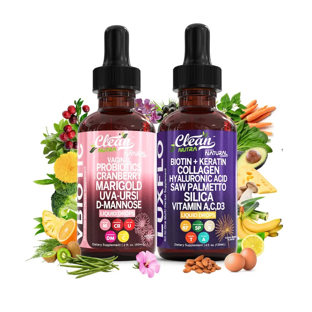Clean Nutra Skin & Gut Harmony Duo | Cranberry, Biotin + Keratin Probiotic & Collagen Support for Women’s Wellness Liquid Drops [VBiotic + LuxFlo]