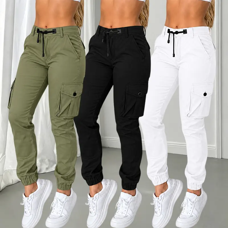 Women’s 3PCS High Waist Polyester Cargo Jogger Pants - Tapered Cuffs, Pocket Detail, Drawstring Elastic Waist, Lightweight Casual Summer Streetwear Utility Pants (Pre-order)