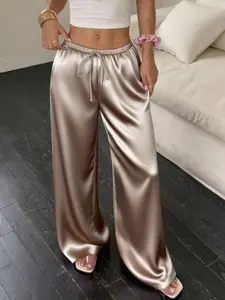 Women's Satin Wide Leg Pants, Decorative Drawstring Elastic Waist, Loose Fit Slimming Effect, Flowy Straight Leg Trousers