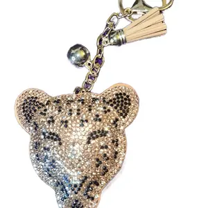 Brown Tiger Print Sparkly Bag Charm - Rhinestone Keychain, Tassel Accents, Stylish Playful Purse Accessory