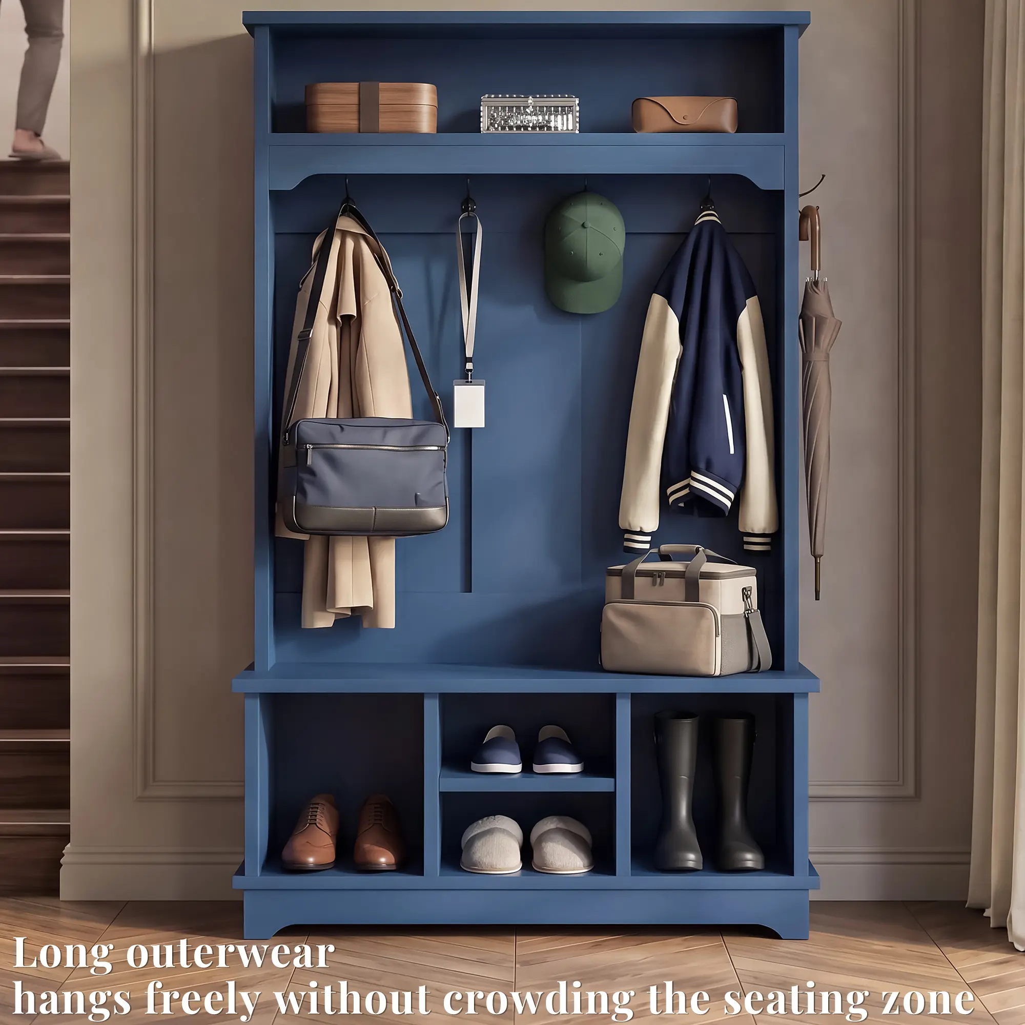 OMCHOM 6-in-1 Freestanding Wood Hall Tree - Modern Indoor Storage Furniture with Bench, Shoe Storage, Adjustable Shelf, Hanging Hooks, 2-Tier Top Shelf, Multi-Zone Design (Durable, Assembly Required, Blue, Furniture Organization, Laundry Room Use)