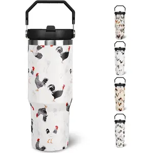 30 oz Chicken Tumbler With Handle and Straw, 30oz Rooster Flip Straw Tumbler Insulated Coffee Travel Mugs Cup Water Bottle Chicken Gifts for Elephant Lovers Women Girls