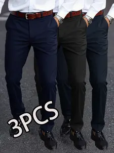 3-Pack Men's Casual Loose Straight Leg Stretch Dress Pants, Suit Pants, Wrinkle-Free Comfortable Trousers, Ideal for Work and Weekend Wear