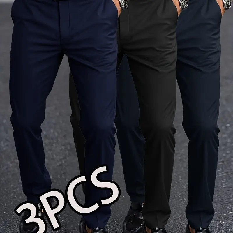 3-Pack Men's Casual Loose Straight Leg Stretch Dress Pants, Suit Pants, Wrinkle-Free Comfortable Trousers, Plain Trousers, Ideal for Work and Weekend Wear