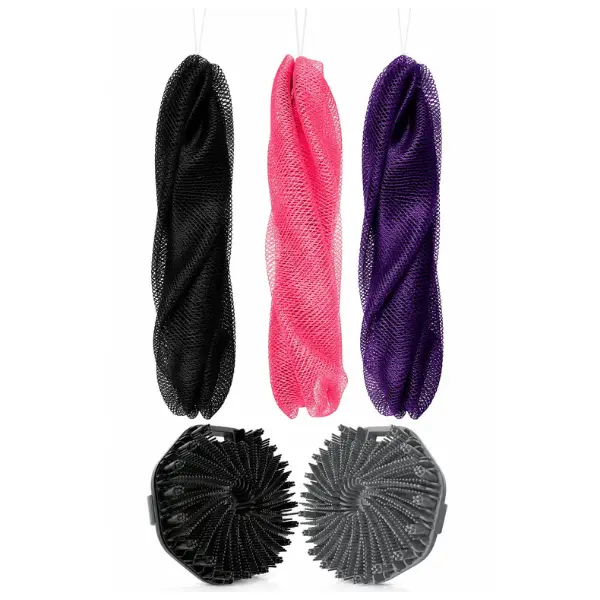 5PCS African Net Sponge & Silicone Body Scrubber Set | Exfoliating Bath Bundle for Deep Cleansing, Smooth Skin Deep Cleansing, Gentle Exfoliation, Rich Foam, Quick Dry, Reusable Shower Accessories for Men & Women& Rich Lather
