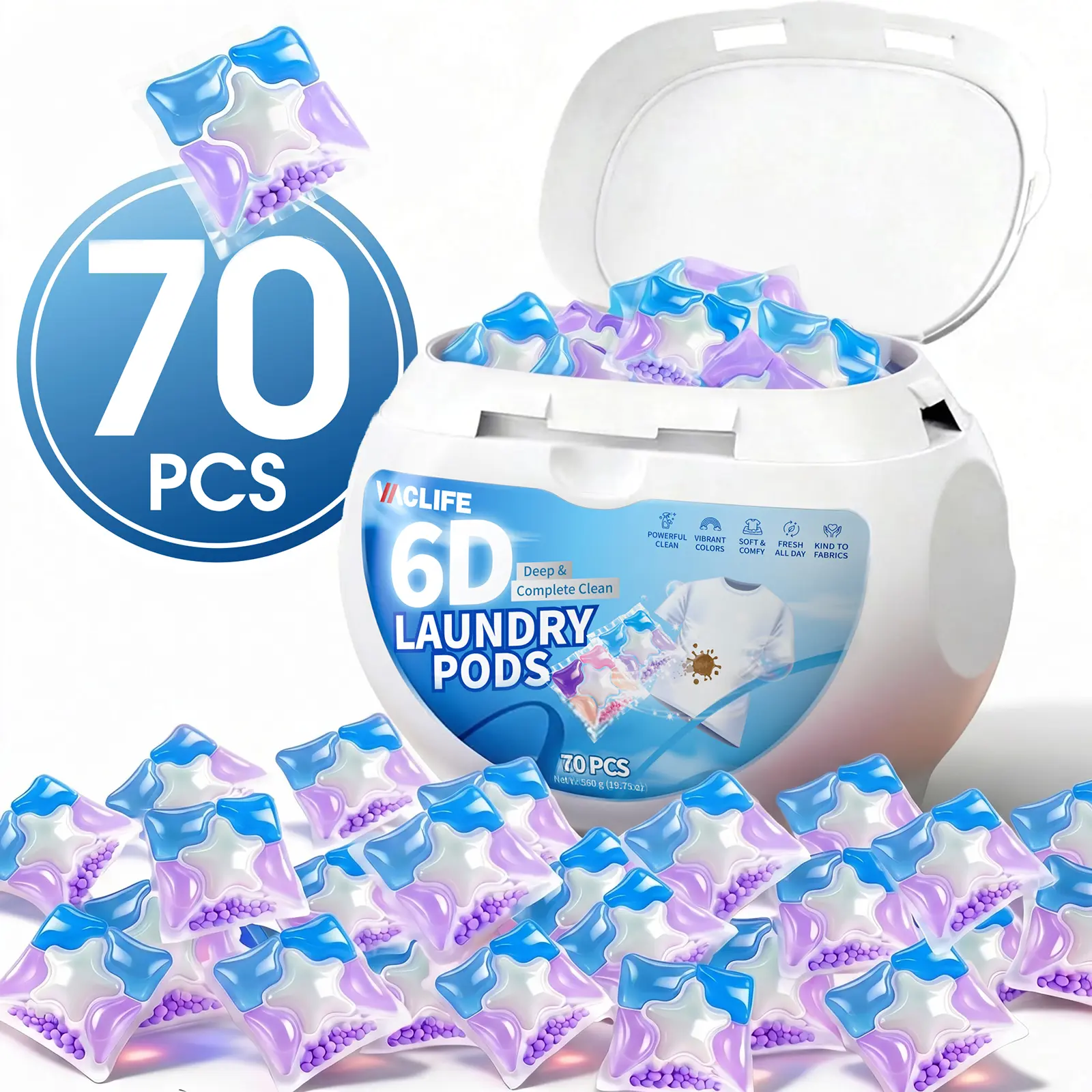 VacLife Laundry Detergent Pods 70-Count Lavender Purple 6-Chamber 8X Clean Deep Stain Remover for Washing Machine 72H Long Lasting Odor Elimination & Anti-Mite