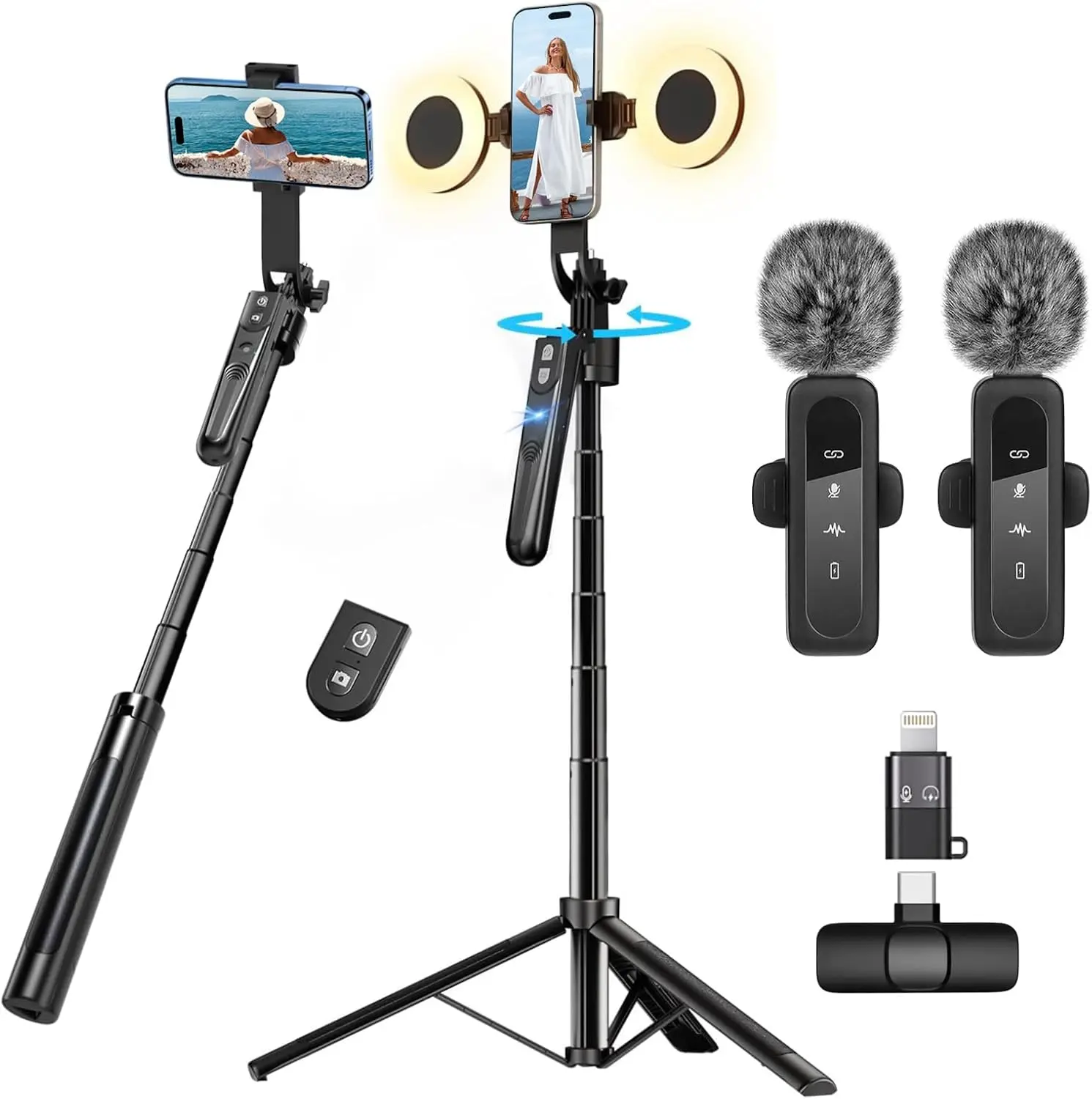 70-in Adjustable Rotatable Auto-Track Tripod Mount Kit with Light, Wireless Microphone, Selfie Stick, Remote Control Port - Cellphone Camera Accessories for iPhone/Android TikTok/YouTube Vlogging Filming, Standard