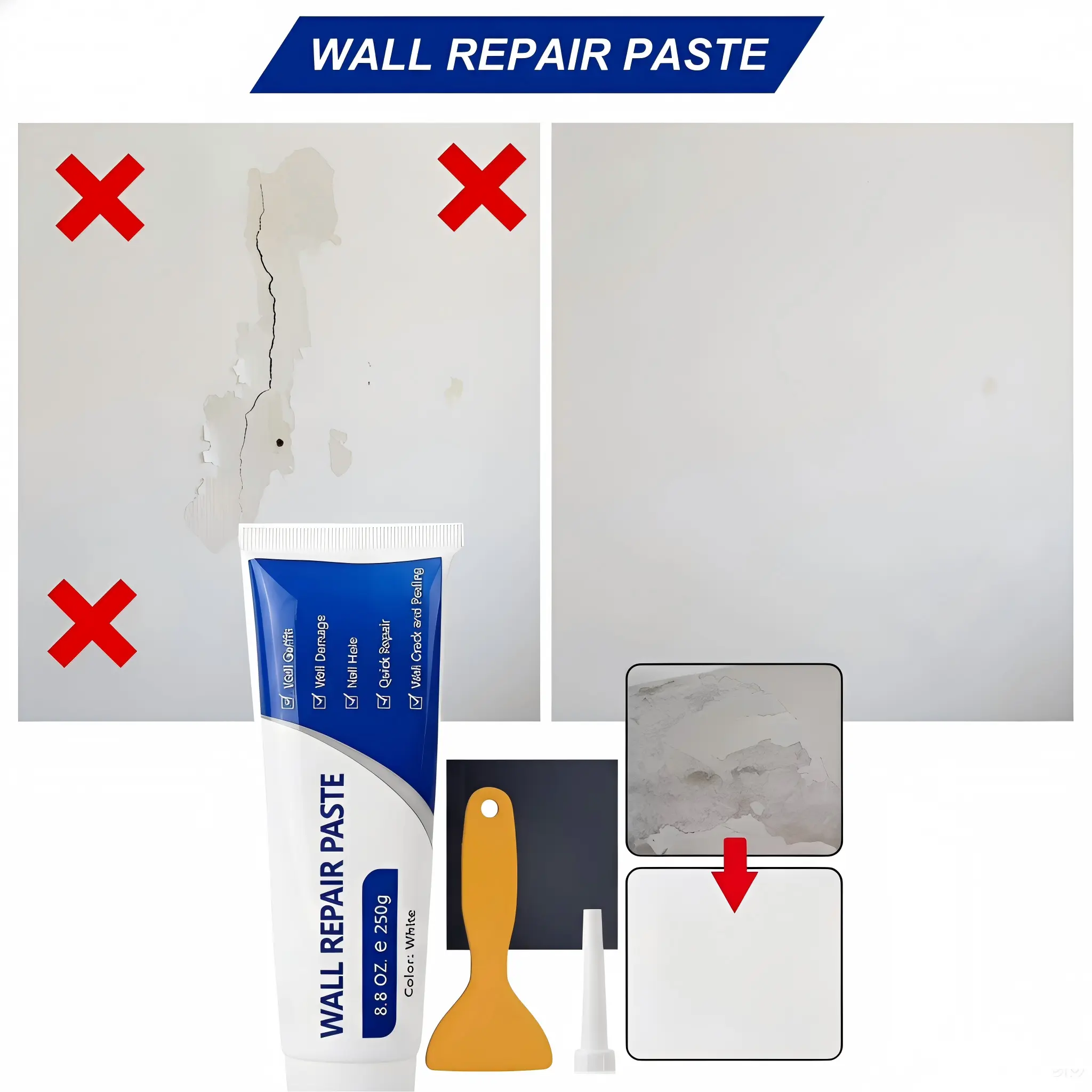 Drywall Patch Repair Kit 250g, Quick-Drying Wall Repair Paste, Multi-Functional Crack Filler Adhesive, Waterproof Heavy Duty Concrete Wall Mending Compound for Home Repair White Spackle