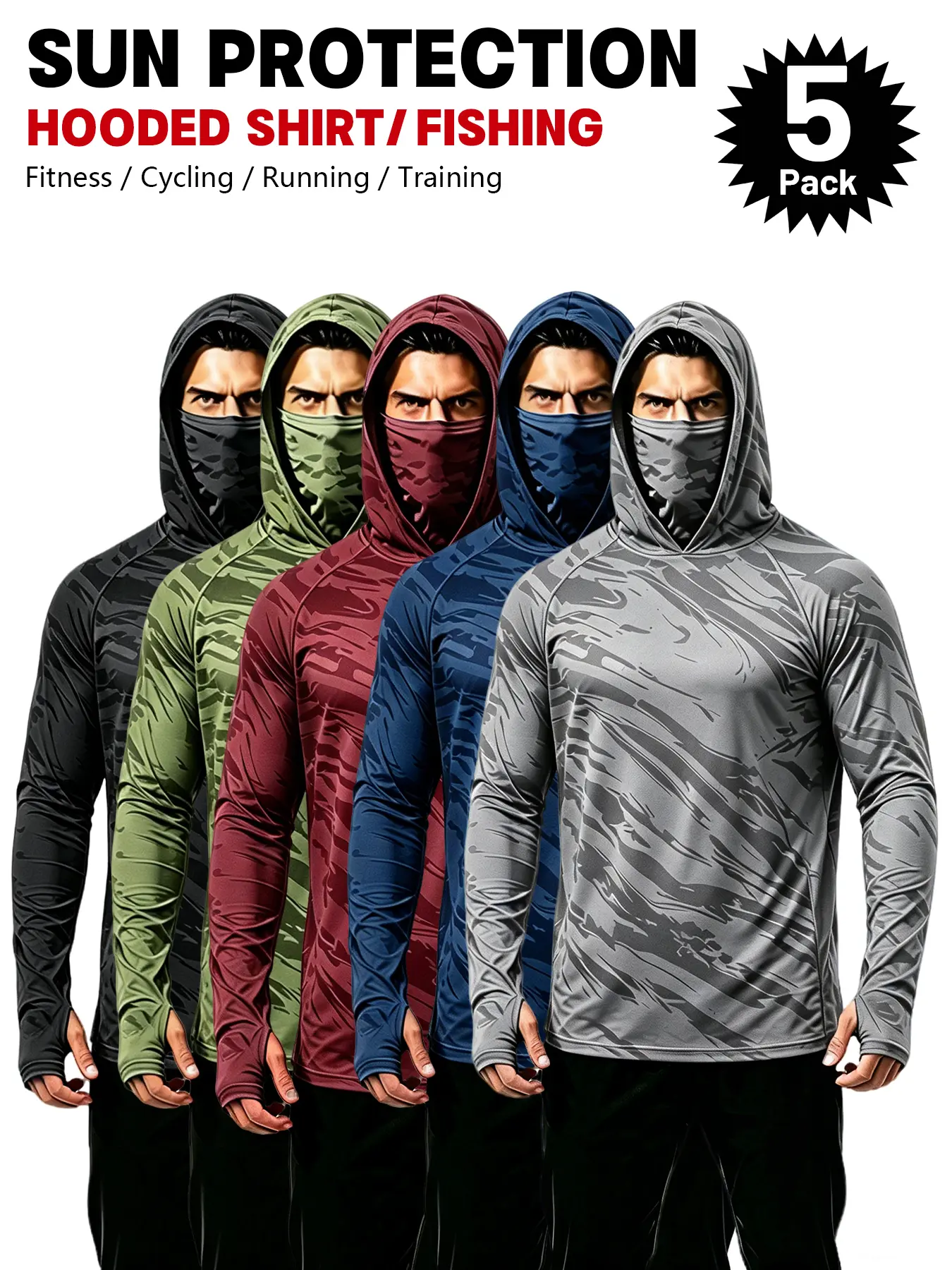 Men's 5-Piece Polyester Compression Sun Shirts - Long Sleeve, Built-in Mask, Lightweight Quick-Dry Hooded Tops for Fishing, Hiking, All Seasons, Polyester Clothes