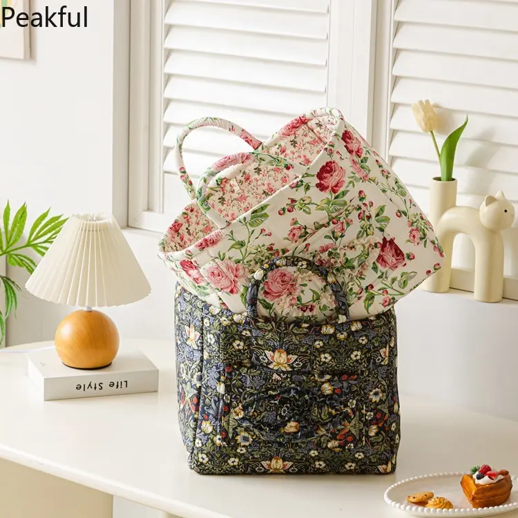 Vintage Floral Quilted Tote Bag, Trending Cottagecore Padded Canvas Handbag, Spacious Retro Flower Print Carryall, soft quilted fabric & roomy interior, perfect for daily errands, work, school and casual outings