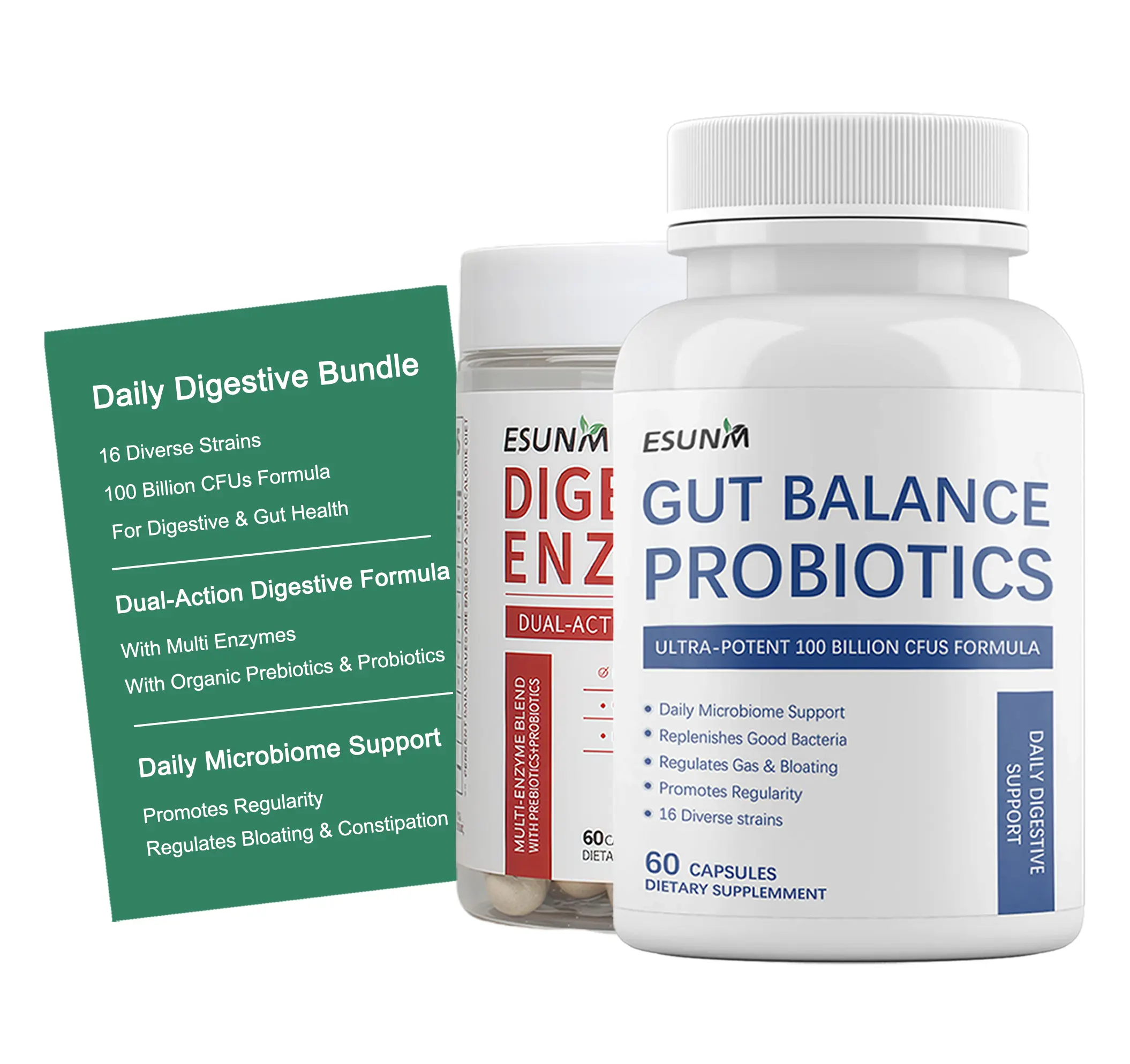 ESUNM Digestive Enzymes Bundle - Digestive Enzymes 60ct + Probiotics 60ct - with 100 Billion Probiotics & 16 Strains,For Food Breakdown and Gut Function,Digestive Health