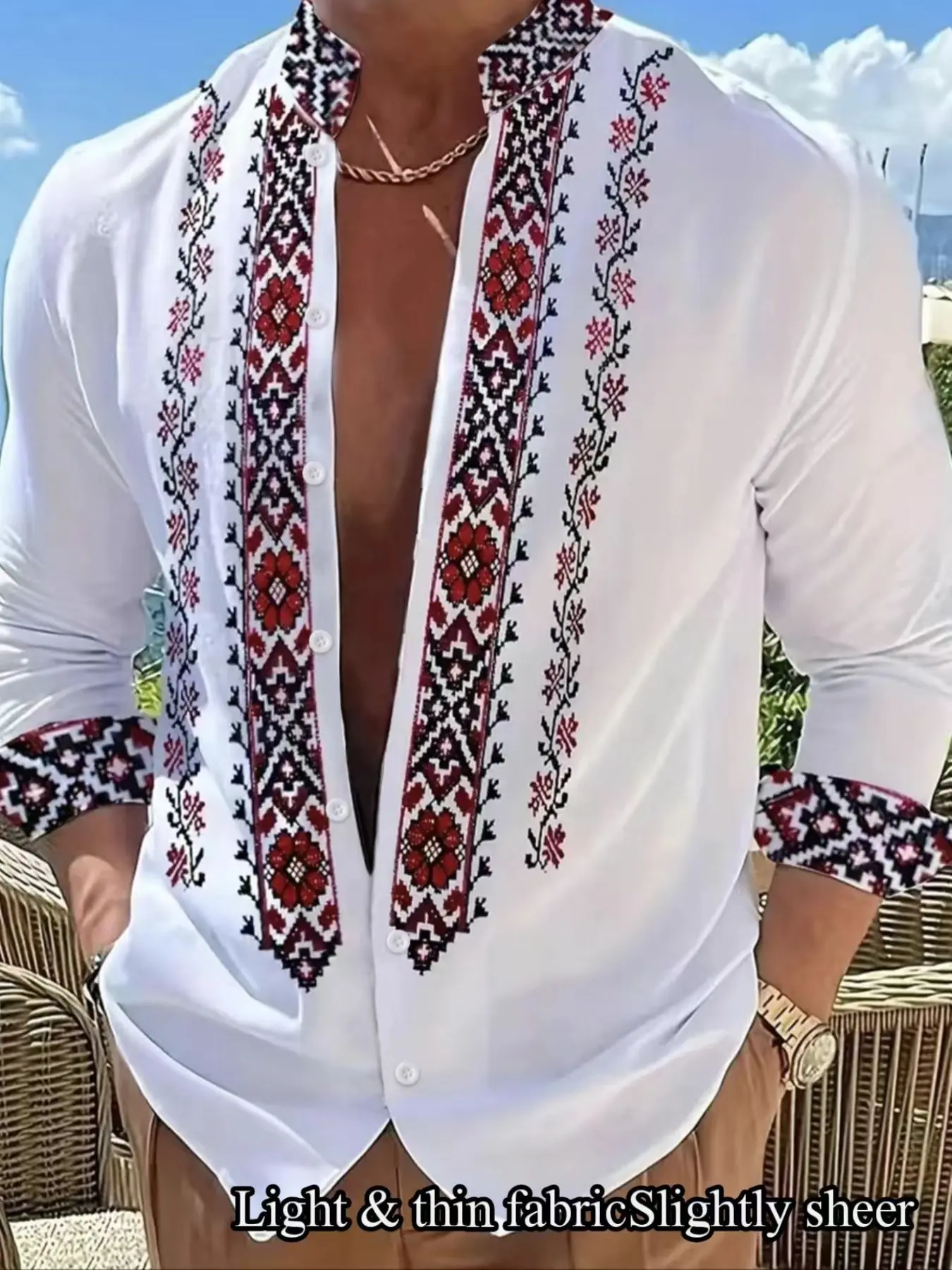 Men's Ethnic Print Shirt, Long Sleeve Collared Fitted Blouse, Casual Spring & Fall Top, Trendy Vacation Wear, No Zipper Design