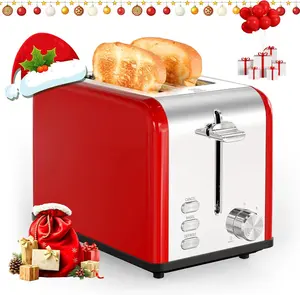 YSSOA 2-Slice Toaster - 6 Browning Levels, 3 Functions, Extra-Wide Slots, Removable Crumb Tray, Retro Stainless Steel, for Bread & Waffles, Red Toastie Machine Toastie Maker, Easy to Use & Clean, Perfect Gift