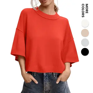 Aswulk Womens Short Sleeve Sweater Summer Oversized Cropped Sweaters Fit Drop Shoulder Casual Crewneck Lightweight Knit Tops Basic Baggy