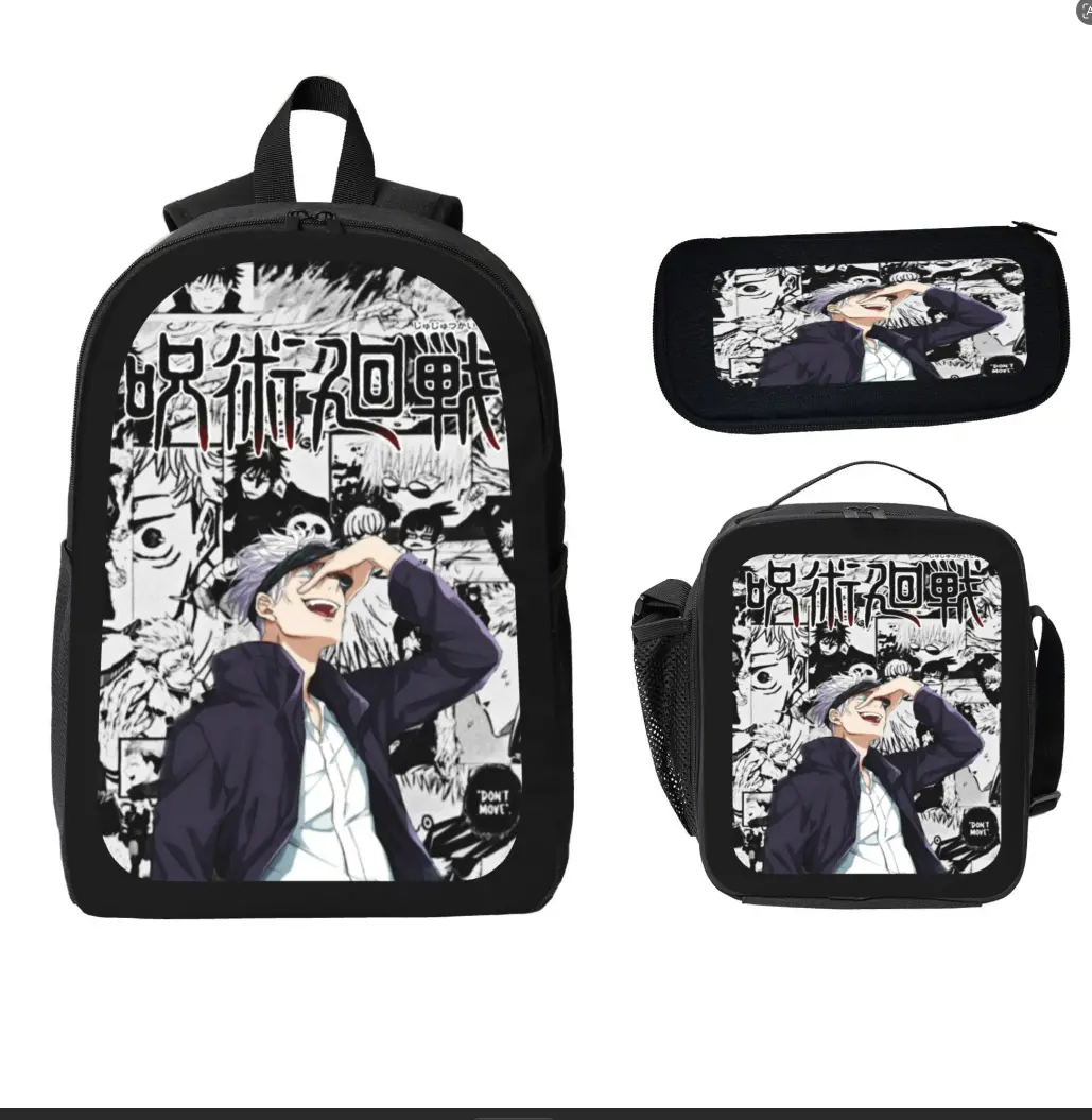 Jujutsu Anime Kaisen Satoru Gojo 3 Piece Backpack Set with Lunch Bag Pencil Case , High Capacity Bookbag with Lunch Box Pen Box Workplace Travel