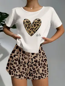 Women's Heart Leopard Print Sleepwear Set, Short Sleeve Top and Shorts, Casual Round Neck Homeewear, Outer Wear Style Loungewear Pjs, Pajama Set