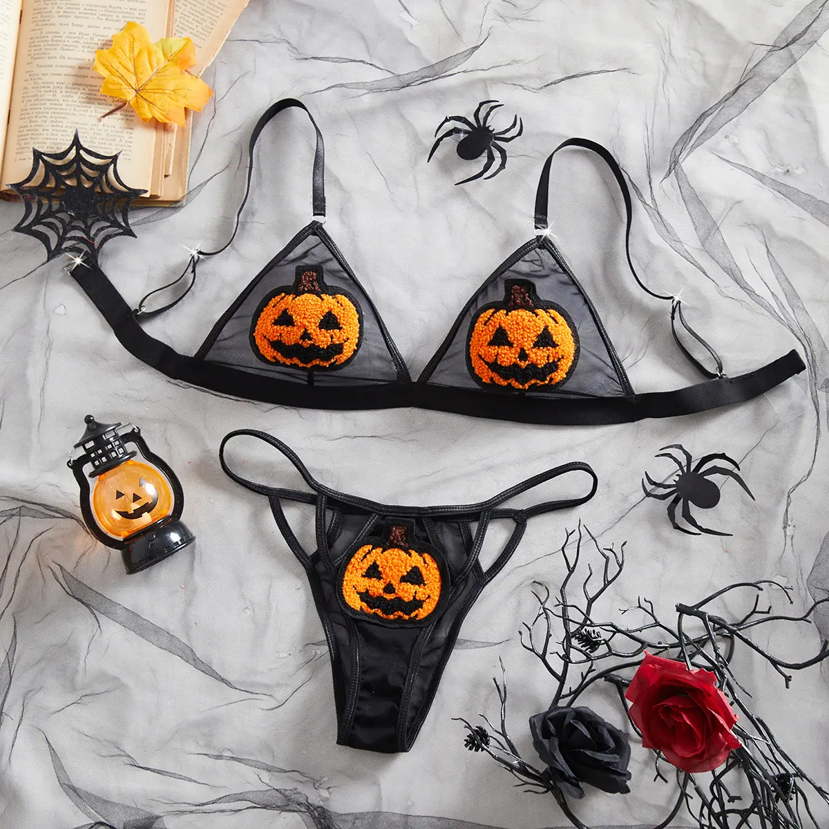 Halloween Sexy Lingerie Pumpkin Demon Cosplay Three-Piece Dark Humorous Sexy Outfit