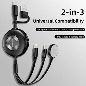【3-Year Warranty Included】2-Pack 3-in-1 Retractable Multi Charging Cable, 1.1M Universal USB Charger with Watch Wireless Charging, Compatible with iPhone/Samsung/PS/Kindle, Portable Car & Travel Essential