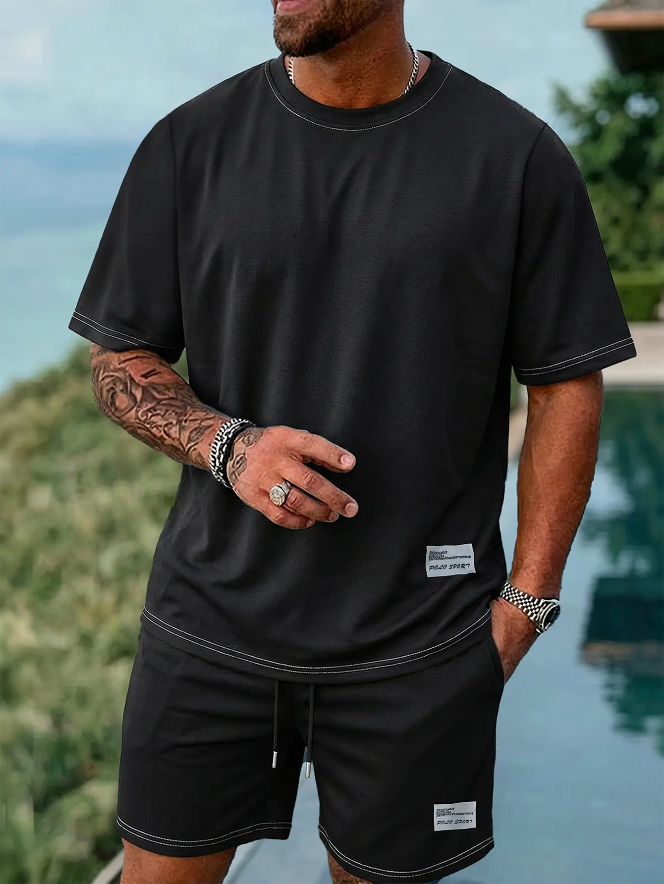 Men’s trendy coordinated outfit set: loose short-sleeve T-shirt + drawstring elastic casual shorts two-piece set, premium soft fabric summer street-style set, versatile everyday home loungewear sports set