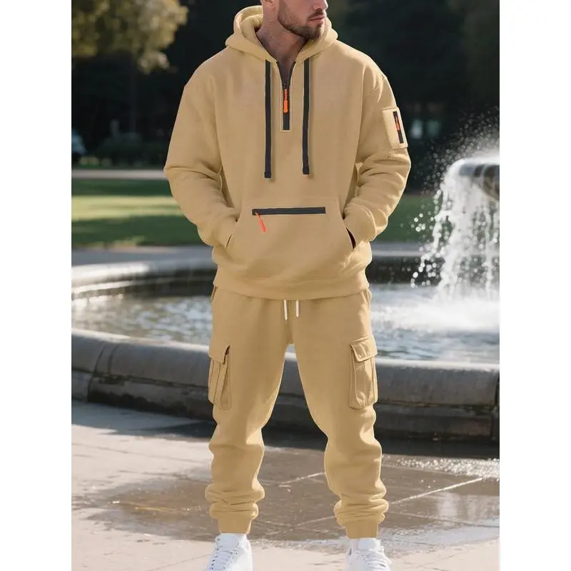 KZZ Men's Winter Fleece Lined Casual Set Loose Fit Sporty Multi-Pocket Workwear Warm Long Sleeve Jacket & Pants for Cold Weather Clothes Matching christmas gifts for him
