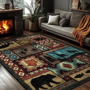 Rustic Cabin Lodge Bear Print Flannel Low Pile Rug Non Slip TPR Backing Soft Comfortable Machine Washable Durable Decor Mat Ideal for Living Room Bedroom Various Indoor Home Spaces multiple scene