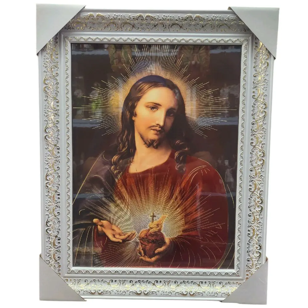 Sacred Heart of Jesus 15"widex19"tall Frame Cuadro Artwork with Detailed Framing and Intricate Design Elements Decoration Sagradp Corazon de Jesus Frame Religious art image, home decor, wall decor, church events, gifts