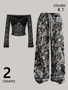 Dark Punk Style Two-Piece Set, Sheer Lace Long Sleeve One-Shoulder Top + Camo Print Casual Pants, Streetwear Fitted Suit for Women