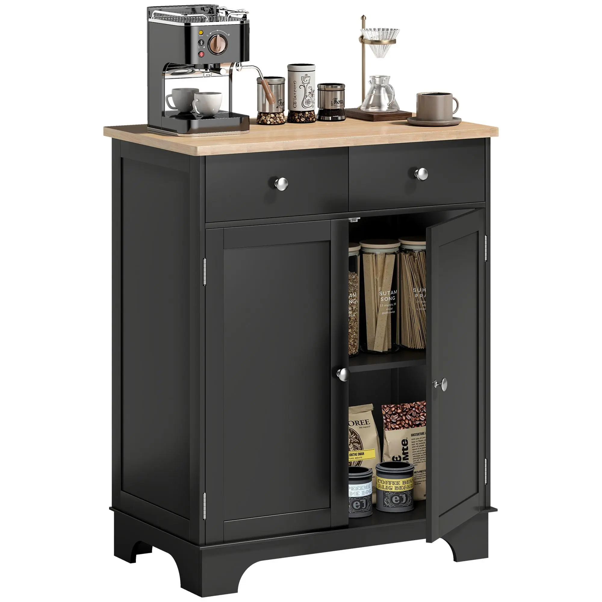 Solid Wood Top Countertop Kitchen Cabinet - Sideboard Design with 2 Drawers, Adjustable Shelf for Plates & Pots, Spacious Storage for Coffee Maker (Home Improvement Kitchen Fixture), Spacious Kitchen Cabinets