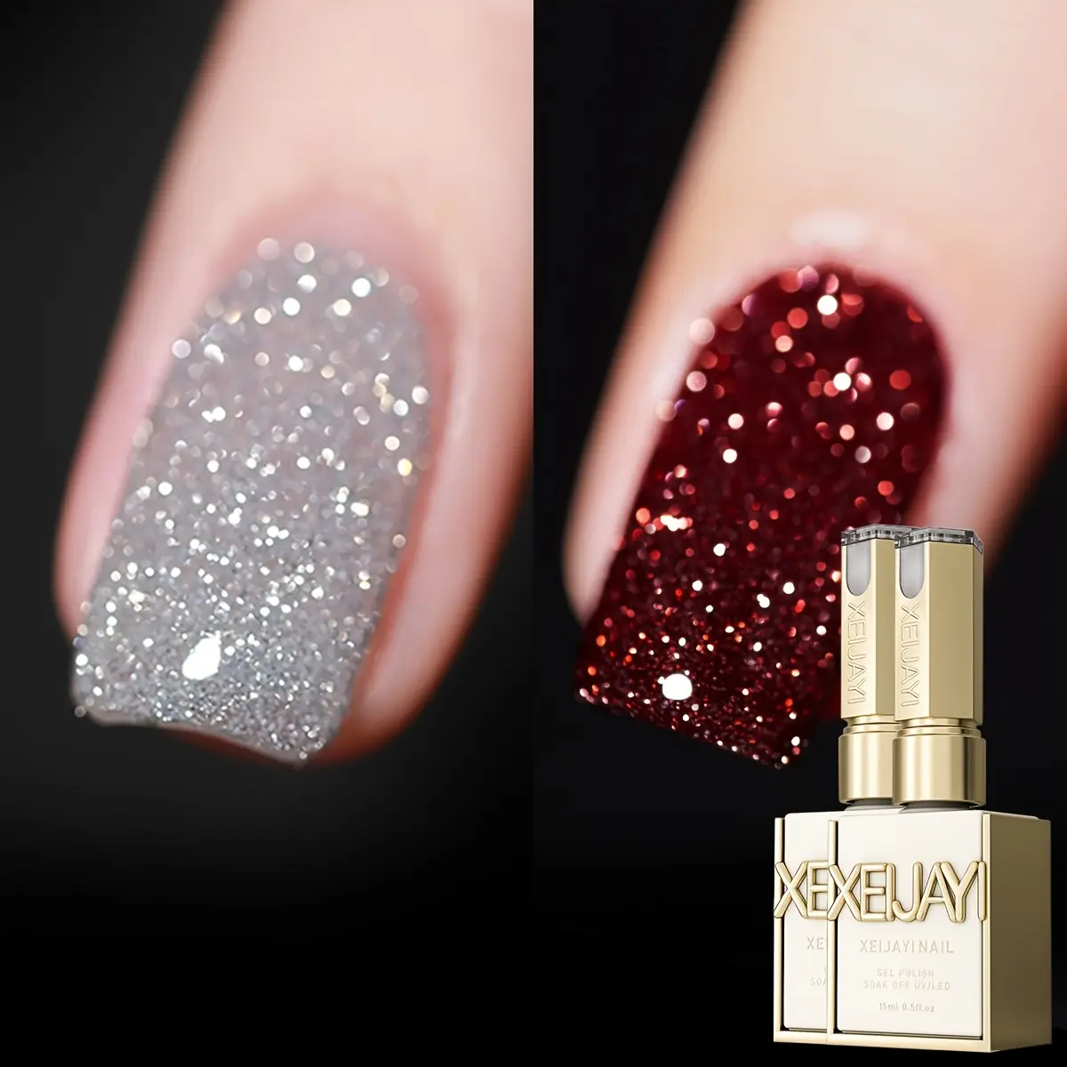 XEIJAYI 2-pack, 15 mL 【Free of TPO & HEMA】, gold-plated bottle, silver glitter nail polish with ultra-bright, highly saturated glitter effect; glossy finish that can be soaked off; LED/UV gel cures; suitable for DIY manicures, nail design, and salon use;