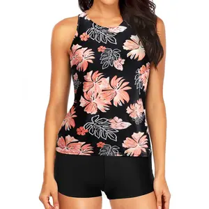 Tempt Me Women's Three-Piece Tankini Swimwear Set, Modest High Neck Tank Tops, High Rise Swimwear with Shorts, Floral Print Swimsuits