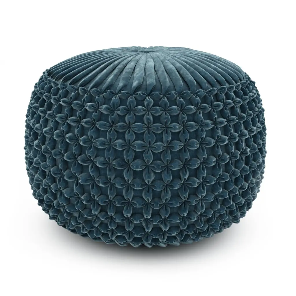 HomeRoots 638502 Bohemian-Modern Blue Velvet Round Pouf Ottoman Footstool, 14x20x20 in. Small Durable Indoor Cushioned Stool, 250 lbs Weight Capacity, Foam Core, Weight Capacity: 250